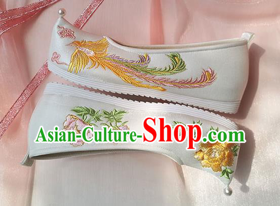 China Traditional Ming Dynasty Hanfu Shoes Ancient Princess White Shoes Classical Embroidered Phoenix Shoes