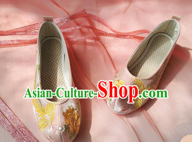 China Classical Embroidered Phoenix Shoes Traditional Ming Dynasty Hanfu Shoes Ancient Princess Pink Shoes