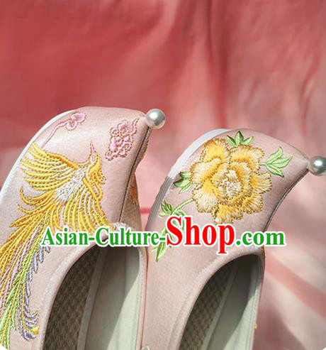 China Classical Embroidered Phoenix Shoes Traditional Ming Dynasty Hanfu Shoes Ancient Princess Pink Shoes