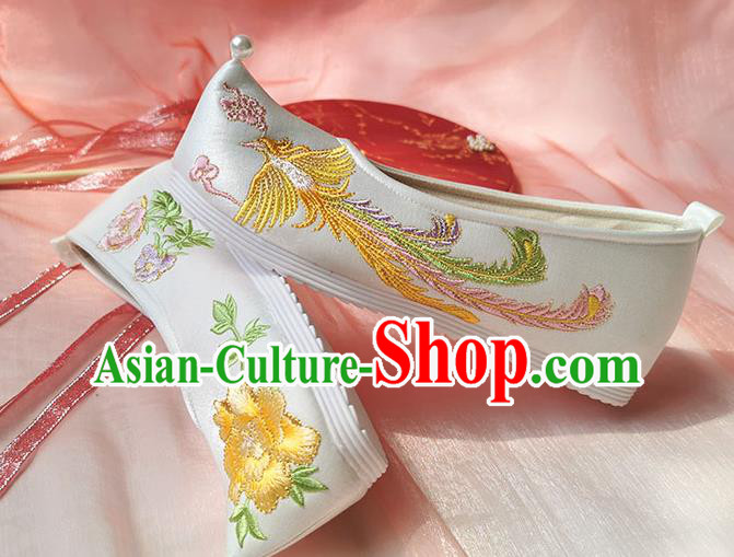China Traditional Ming Dynasty Hanfu Shoes Ancient Princess White Shoes Classical Embroidered Phoenix Shoes
