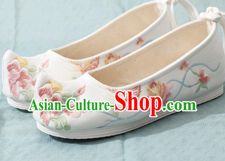 China Ancient Ming Dynasty Princess Shoes Traditional Hanfu Bow Shoes Embroidery Peony Butterfly Shoes