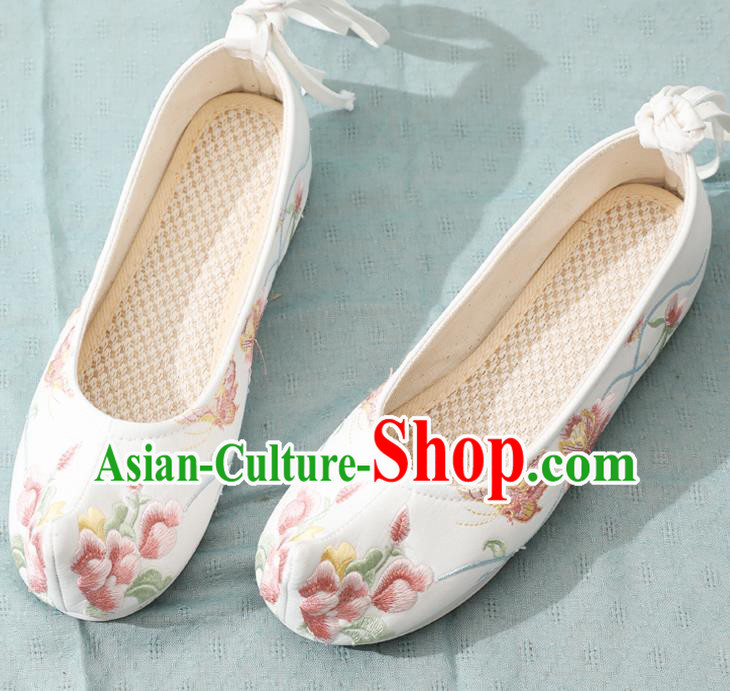 China Ancient Ming Dynasty Princess Shoes Traditional Hanfu Bow Shoes Embroidery Peony Butterfly Shoes
