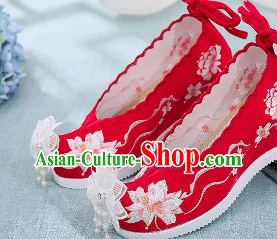 China National Wedding Red Cloth Shoes Traditional Hanfu Embroidered Shoes Handmade Lace Flower Wedge Shoes