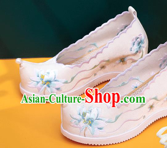 China National Folk Dance Shoes Traditional Hanfu Embroidered White Cloth Shoes Handmade Woman Wedge Shoes