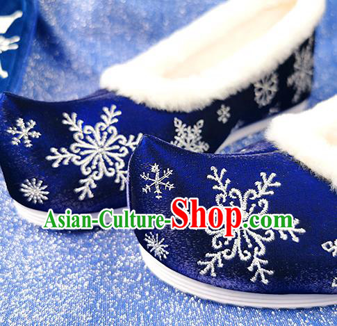 China Traditional Hanfu Embroidered Snowflake Shoes Ancient Princess Shoes Classical Royalblue Cloth Shoes