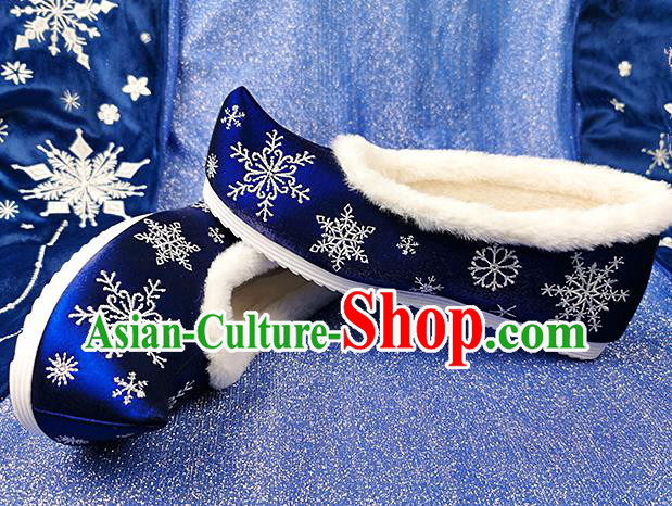 China Traditional Hanfu Embroidered Snowflake Shoes Ancient Princess Shoes Classical Royalblue Cloth Shoes