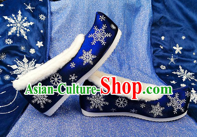 China Traditional Hanfu Embroidered Snowflake Shoes Ancient Princess Shoes Classical Royalblue Cloth Shoes