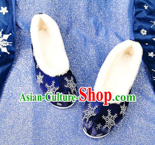 China Traditional Hanfu Embroidered Snowflake Shoes Ancient Princess Shoes Classical Royalblue Cloth Shoes