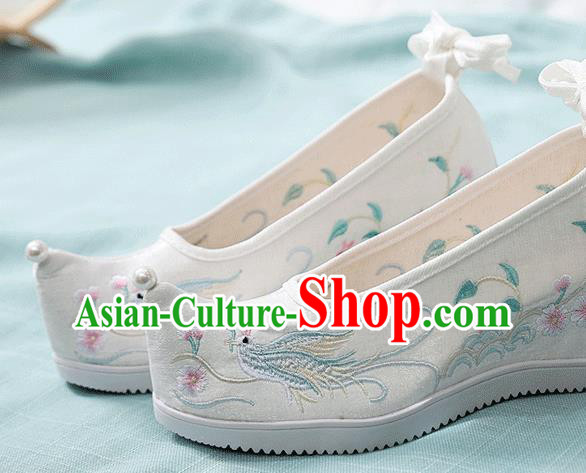 China Handmade Folk Dance Wedge Shoes National Woman Shoes Traditional Hanfu Embroidered Phoenix White Cloth Shoes