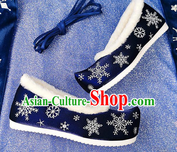 China Traditional Hanfu Embroidered Snowflake Shoes Ancient Princess Shoes Classical Royalblue Cloth Shoes