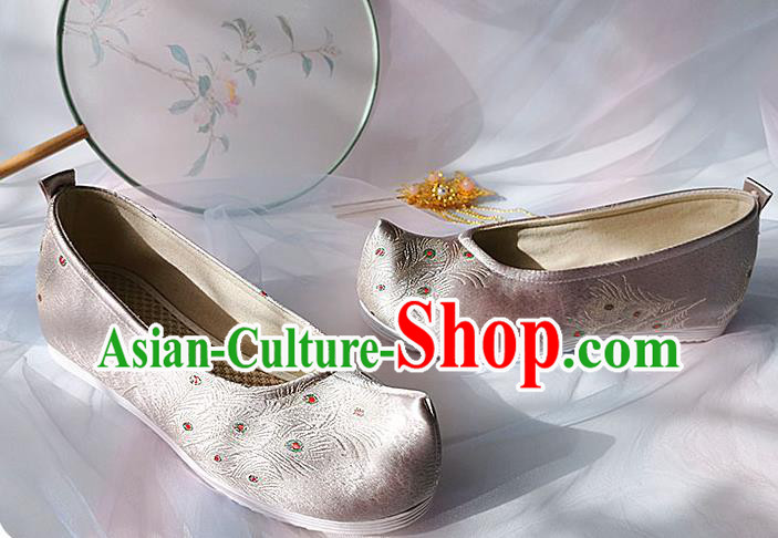 China Classical Pink Brocade Shoes Traditional Hanfu Embroidered Peacock Feather Shoes Ancient Princess Shoes