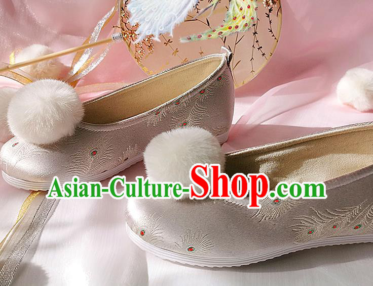 China Ancient Princess Shoes Classical Pink Brocade Shoes Traditional Hanfu Embroidered Peacock Feather Shoes