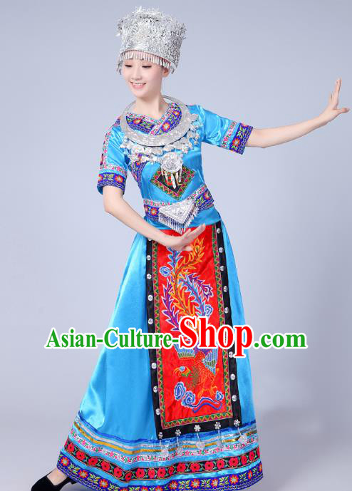 China Ethnic Stage Performance Blue Dress Yao Nationality Clothing Miao Minority Folk Dance Outfits and Hair Accessories