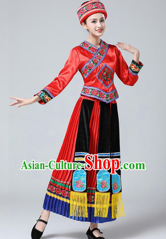 China Yi Minority Folk Dance Outfits Ethnic Stage Performance Red Dress Tujia Nationality Clothing and Hat