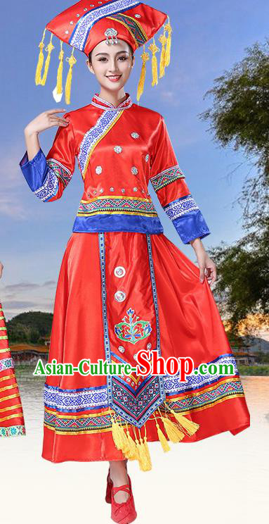 China Ethnic Performance Red Dress Zhuang Nationality Clothing Yunnan Minority Folk Dance Outfits and Hat