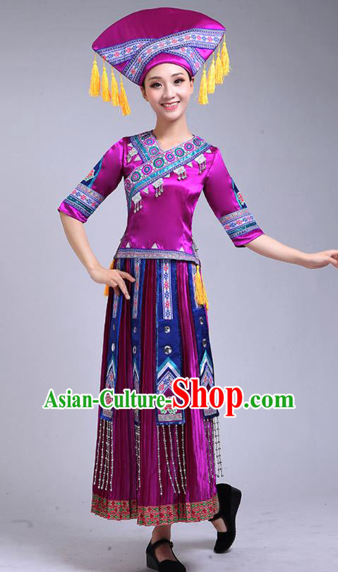 China Guangxi Ethnic Dance Outfits Minority Performance Purple Dress Zhuang Nationality Clothing