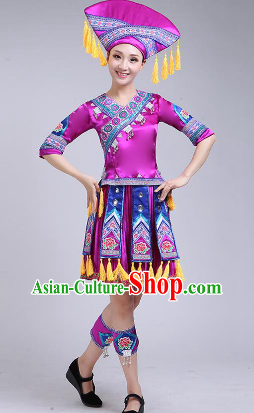 China Ethnic Folk Dance Outfits Guangxi Minority Performance Purple Short Dress Zhuang Nationality Woman Clothing