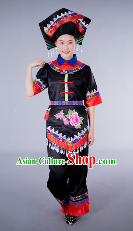 China Guangxi Nationality Folk Dance Clothing Zhuang Ethnic Performance Black Outfits Tujia Minority Dress