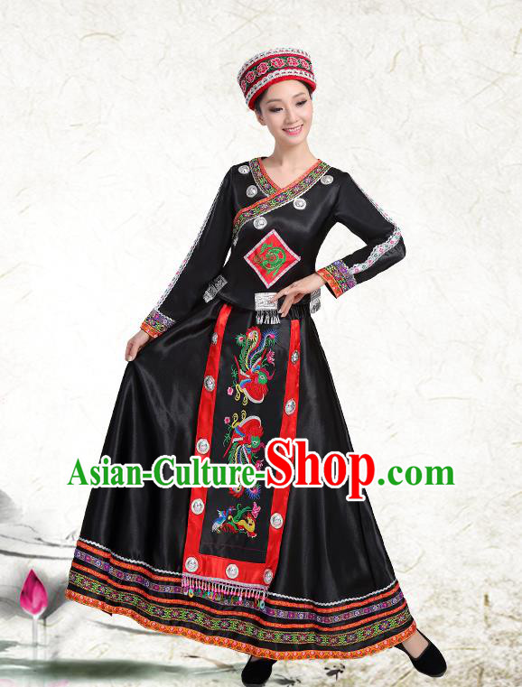 China Yao Minority Woman Black Dress Yi Nationality Folk Dance Clothing Yunnan Ethnic Performance Outfits