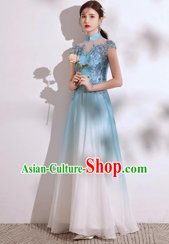 China Chorus Group Costumes Annual Meeting Compere Clothing Catwalks Blue Dress