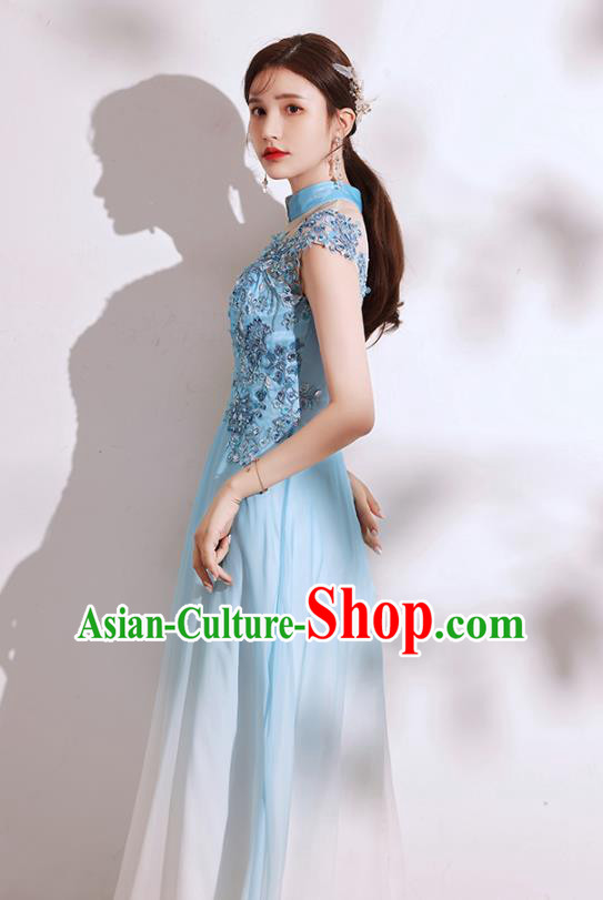 China Chorus Group Costumes Annual Meeting Compere Clothing Catwalks Blue Dress