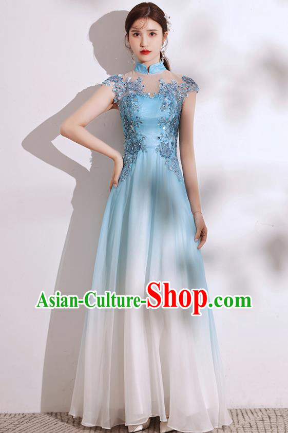 China Chorus Group Costumes Annual Meeting Compere Clothing Catwalks Blue Dress