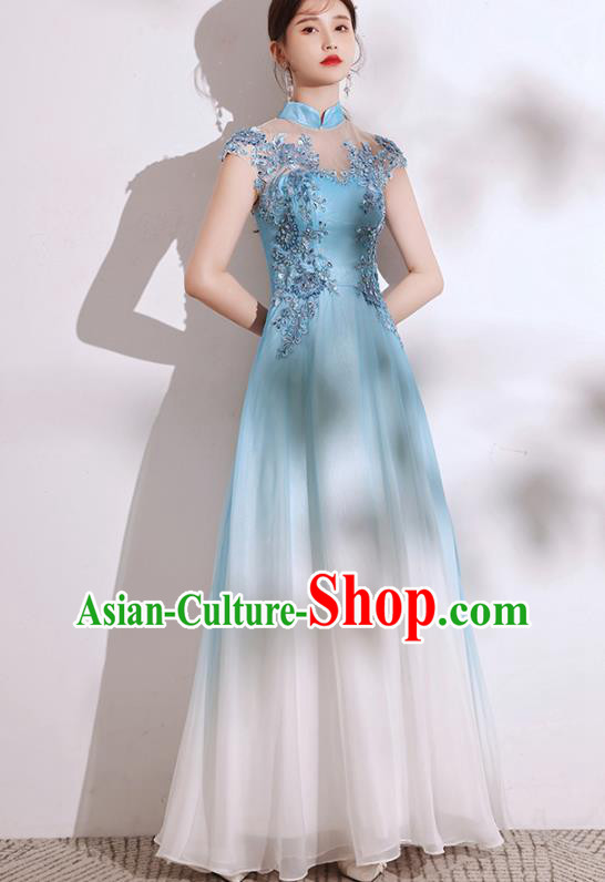 China Chorus Group Costumes Annual Meeting Compere Clothing Catwalks Blue Dress
