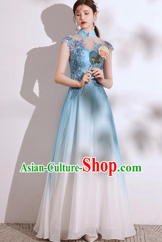 China Chorus Group Costumes Annual Meeting Compere Clothing Catwalks Blue Dress