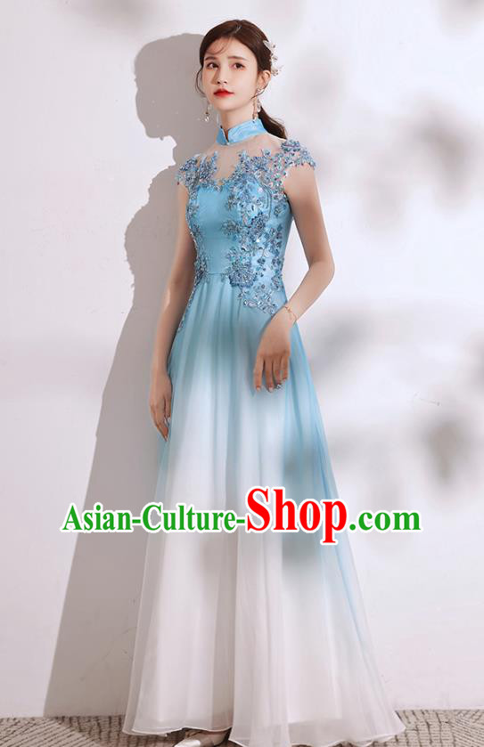 China Chorus Group Costumes Annual Meeting Compere Clothing Catwalks Blue Dress