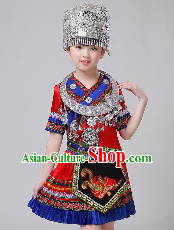 Chinese Yi Nationality Girl Festival Costumes Tujia Ethnic Stage Performance Red Short Dress Outfits