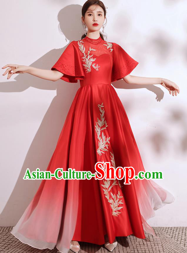 China Chorus Group Performance Costumes Annual Meeting Compere Clothing Stage Show Red Satin Full Dress