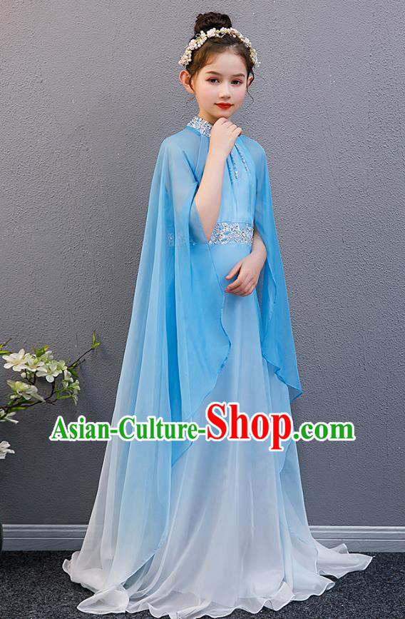 Top Grade Children Stage Performance Costume Girl Chorus Group Fashion Catwalks Blue Dress