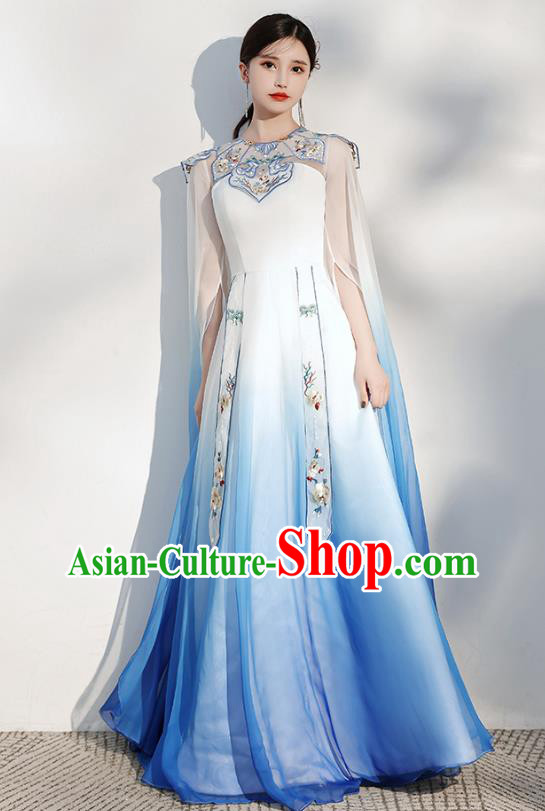 China Annual Meeting Catwalks Clothing Stage Show Embroidered Royalblue Full Dress Zither Performance Costume
