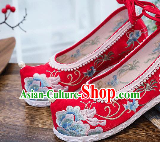 China Traditional Wedding Shoes National Embroidered Peony Shoes Handmade Bride Red Cloth Shoes