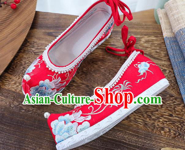 China Traditional Wedding Shoes National Embroidered Peony Shoes Handmade Bride Red Cloth Shoes