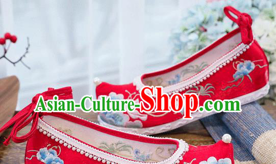China Traditional Wedding Shoes National Embroidered Peony Shoes Handmade Bride Red Cloth Shoes
