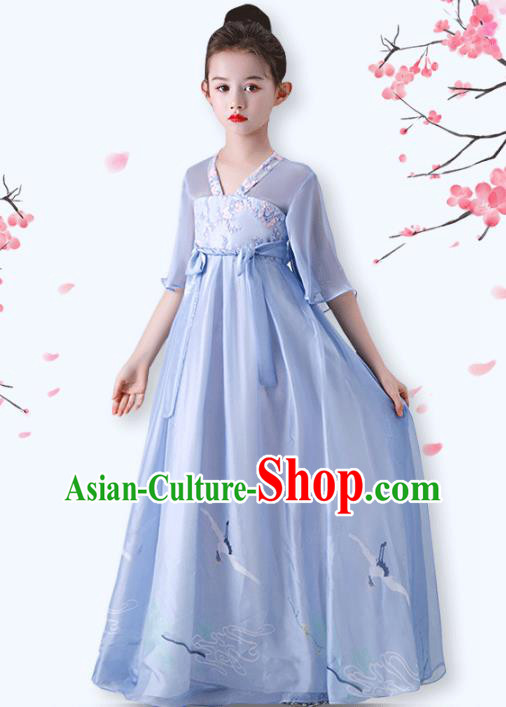 Top Grade Classical Dance Garment Catwalks Blue Full Dress Children Day Stage Show Costume