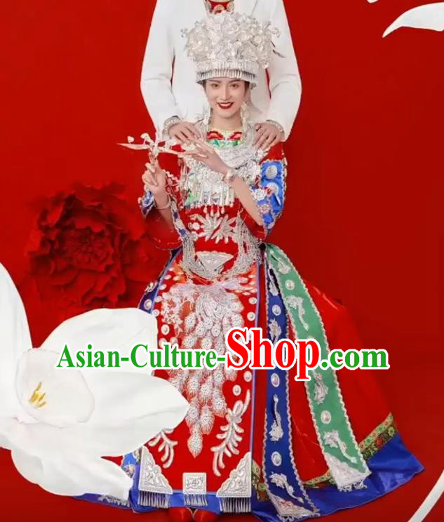 China Miao Nationality Wedding Costumes Hmong Ethnic Stage Performance Clothing Bride Red Dress and Headwear