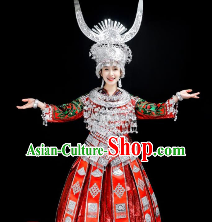 China Hmong Ethnic Bride Red Dress Stage Performance Clothing Miao Nationality Wedding Costumes and Hair Jewelry