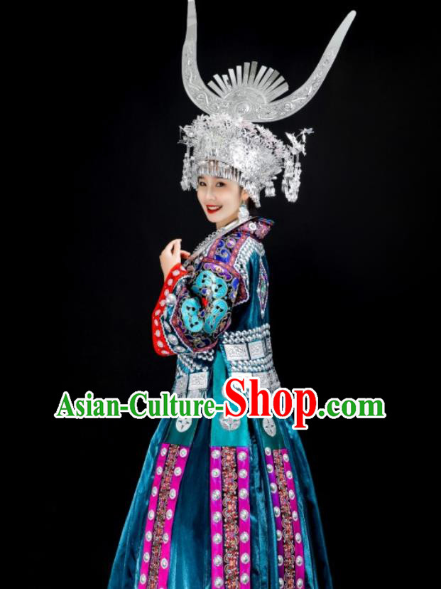 China Miao Nationality Folk Dance Costumes Guizhou Ethnic Blue Dress Stage Performance Clothing and Headdress
