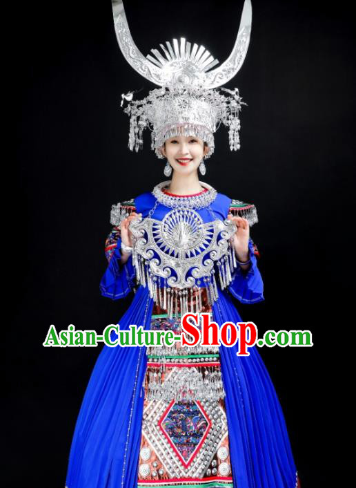 China Xiangxi Ethnic Royalblue Dress Miao Nationality Stage Performance Clothing Hmong Folk Dance Costumes and Headwear