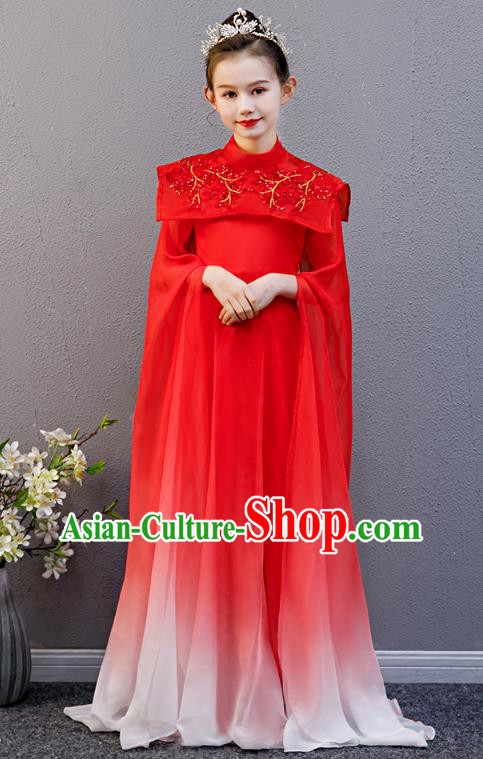 Top Grade Children Day Stage Show Costume Girl Chorus Group Fashion Catwalks Red Full Dress