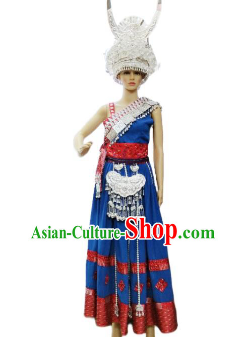 China Hmong Ethnic Folk Dance Blue Dress Miao Nationality Clothing Guizhou Minority Performance Costumes and Silver Hat