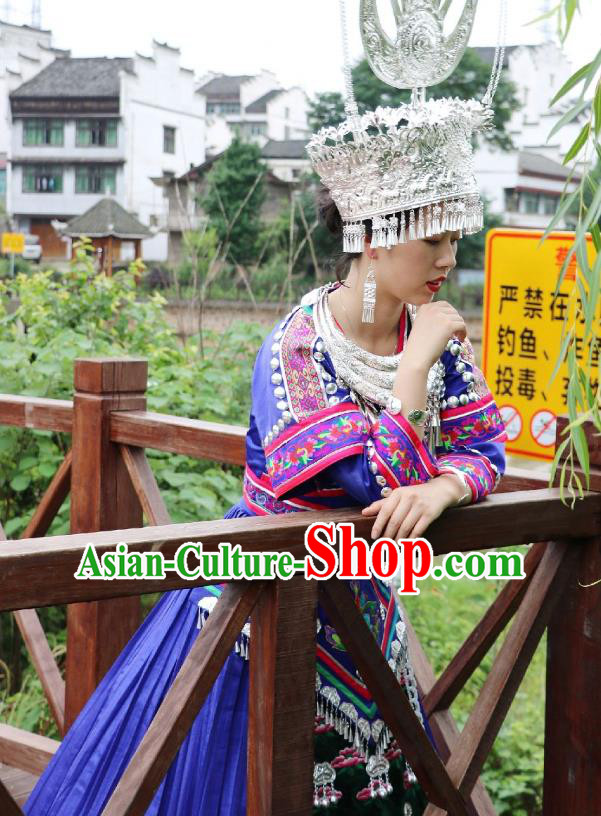 China Hmong Ethnic Stage Performance Blue Dress Miao Nationality Clothing Xiangxi Minority Dance Outfits and Headdress