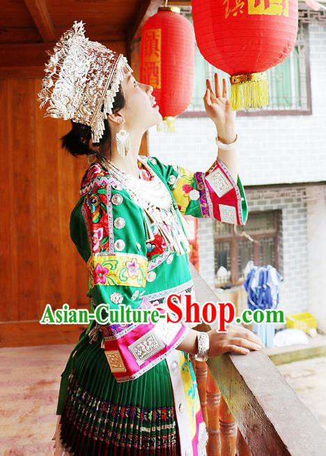 China Guizhou Minority Folk Dance Green Outfits Ethnic Stage Performance Dress Miao Nationality Clothing and Hat