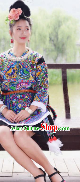 China Xiangxi Minority Folk Dance Outfits Ethnic Female Performance Dress Tujia Nationality Clothing and Hair Accessories