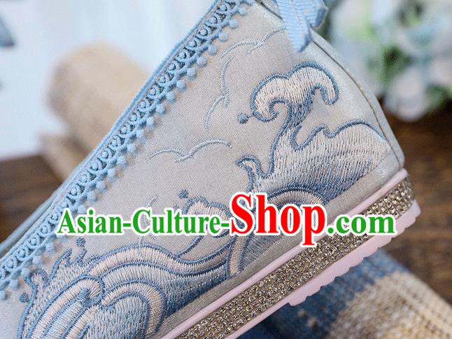 China Handmade Hanfu Blue Shoes Traditional Ming Dynasty Princess Shoes Embroidered Crane Shoes
