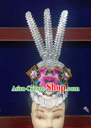 Chinese Hmong Ethnic Folk Dance Hair Accessories Traditional Miao Nationality Performance Silver Hair Crown