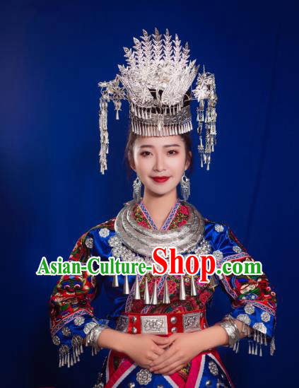 China Ethnic Folk Dance Dress Miao Nationality Wedding Clothing Xiangxi Hmong Minority Blue Outfits and Hair Accessories