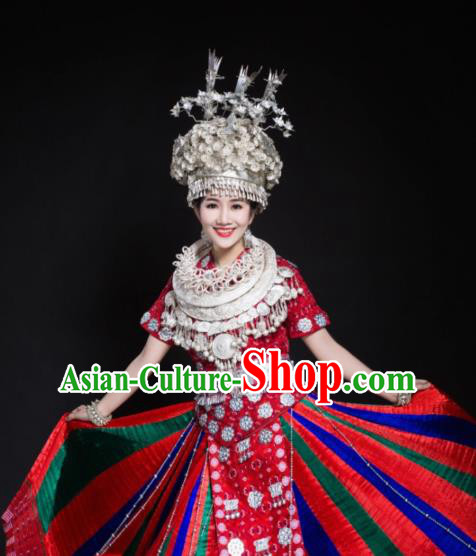 China Xiangxi Hmong Minority Bride Red Outfits Ethnic Folk Dance Dress Miao Nationality Wedding Clothing and Headdress